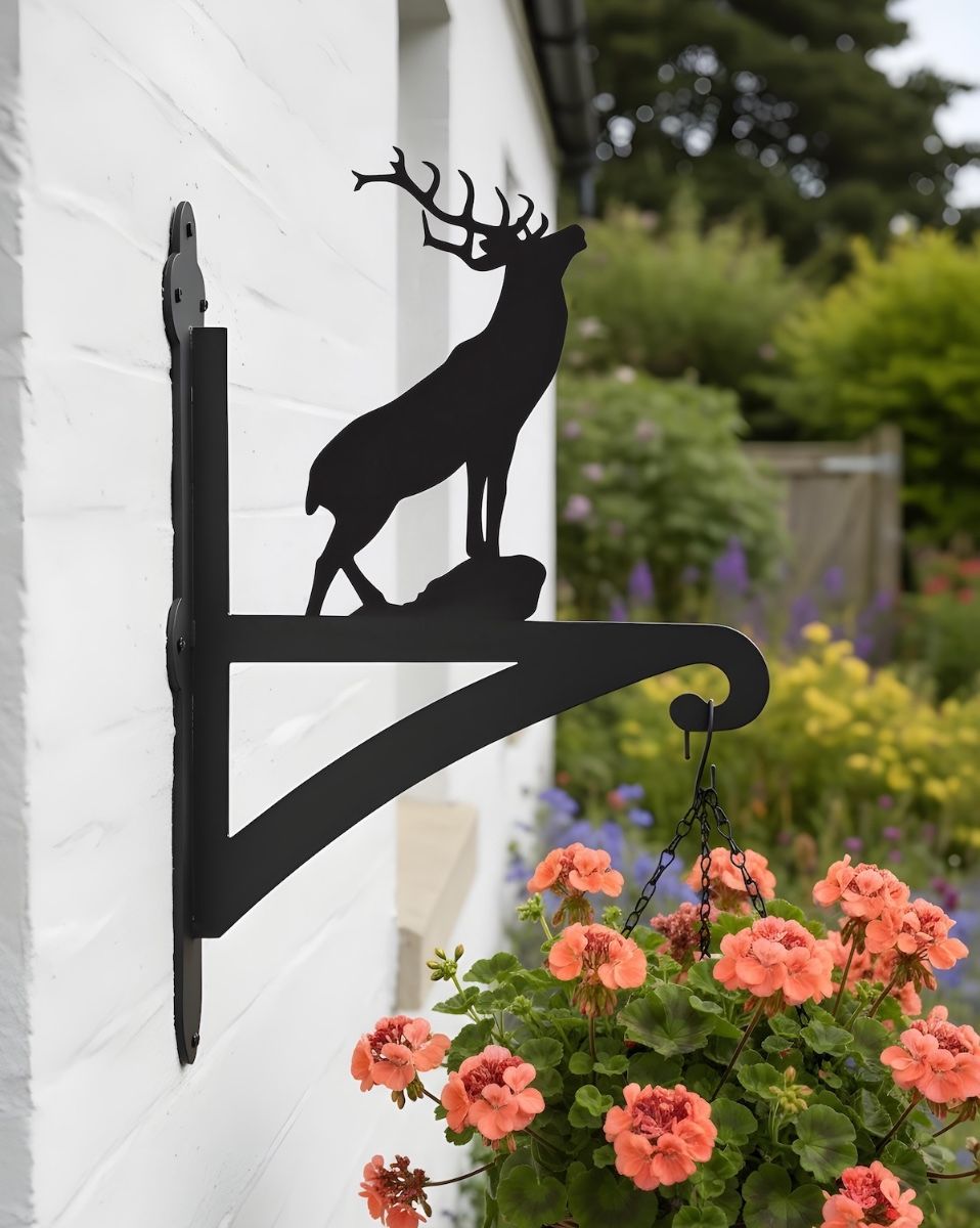 Digital Illustration of the Stag Hanging Iron Basket Bracket Mounted on a Garden Wall