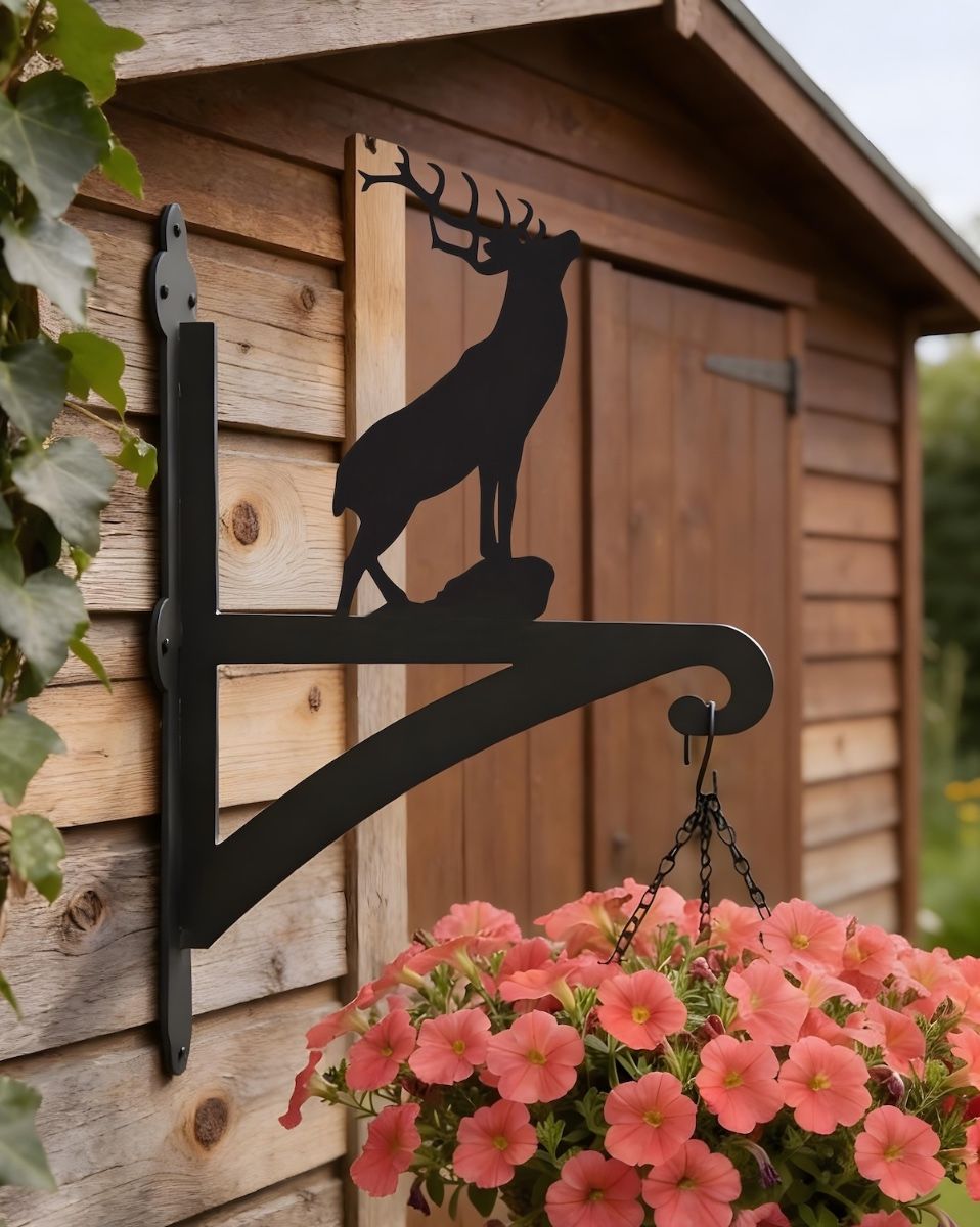 Digital Illustration of the Stag Hanging Iron Basket Bracket Mounted on a Garden Shed