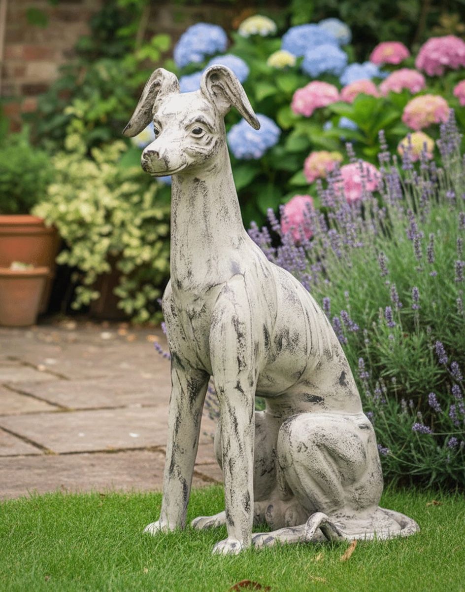 Digital Illustration of "Stanley" Sitting Greyhound Cast Aluminium Garden Sculpture on a Garden Lawn