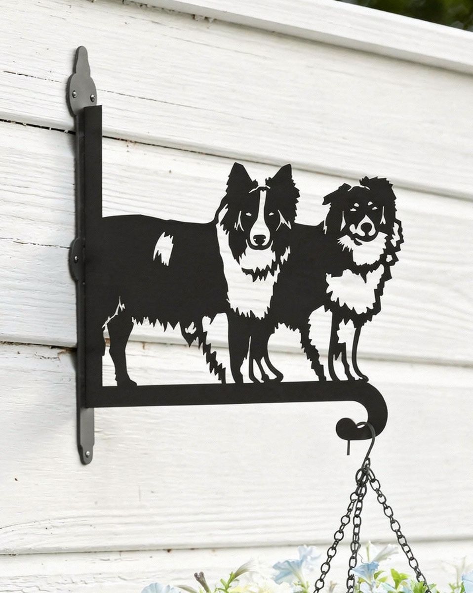 Digital Illustration of the Steel Border Collie Pair Hanging Basket Bracket Close up on a White Fence