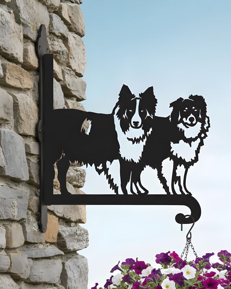 Digital Illustration of the Steel Border Collie Pair Hanging Basket Bracket Mounted on a Stone Wall