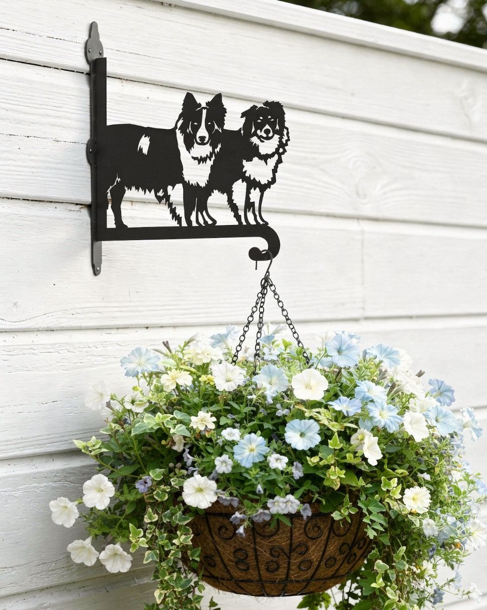 Digital Illustration of the Steel Border Collie Pair Hanging Basket Bracket Mounted on a White Fence