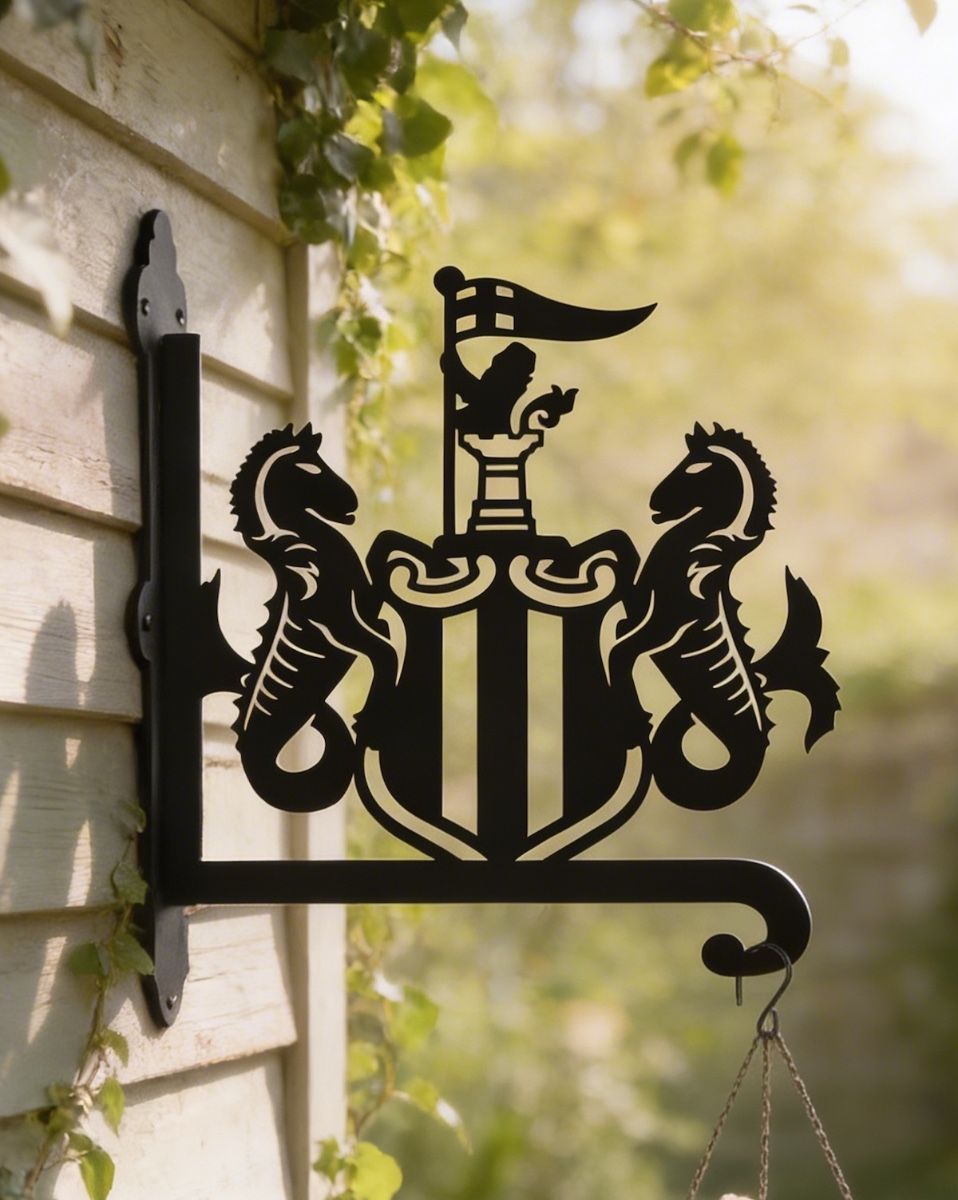 Digital illustration of Steel Newcastle United Crest Hanging Basket Bracket mounted on a shed
