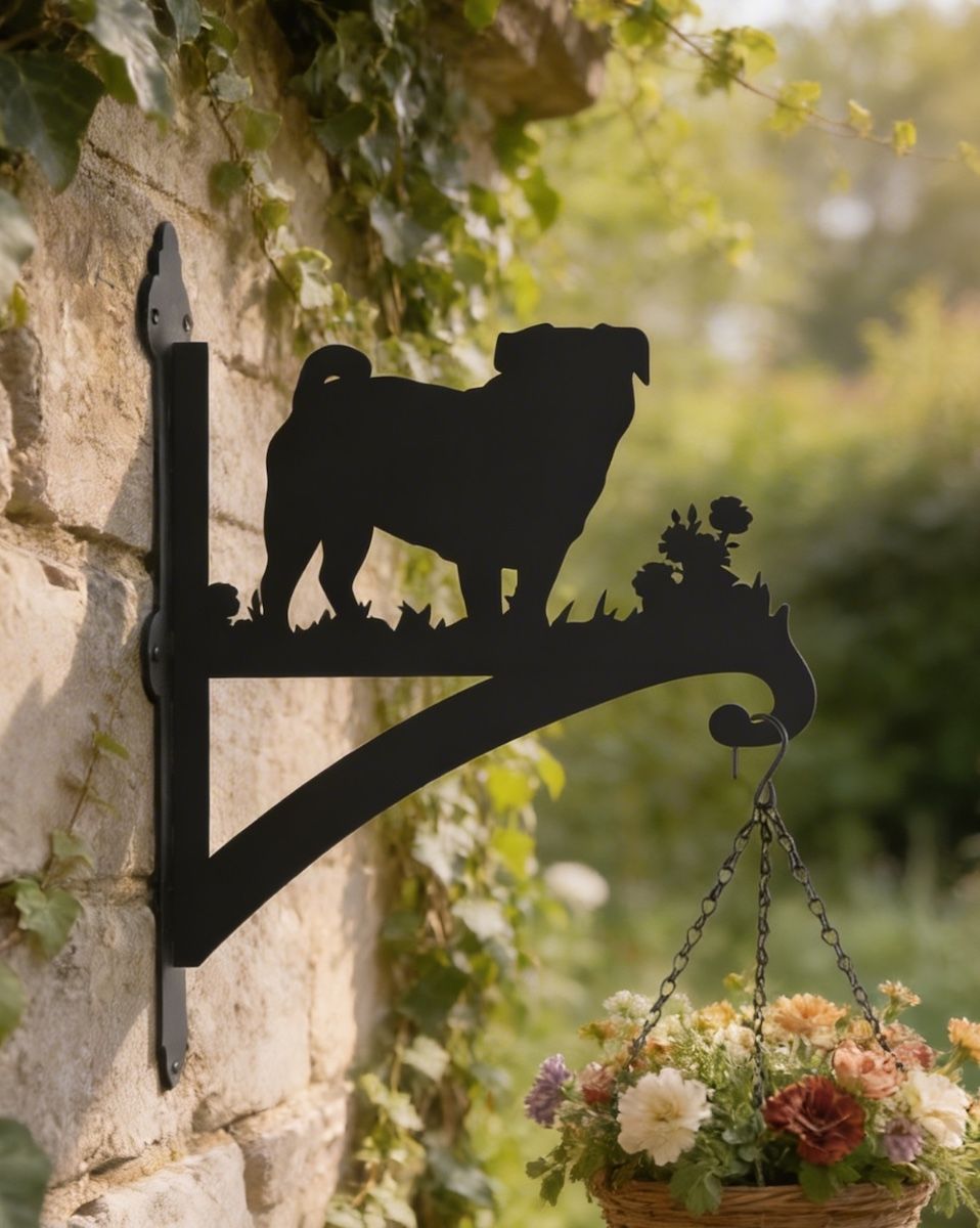 Digital Illustration of the Steel Pug Dog Hanging Basket Bracket Mounted on a Stone Wall