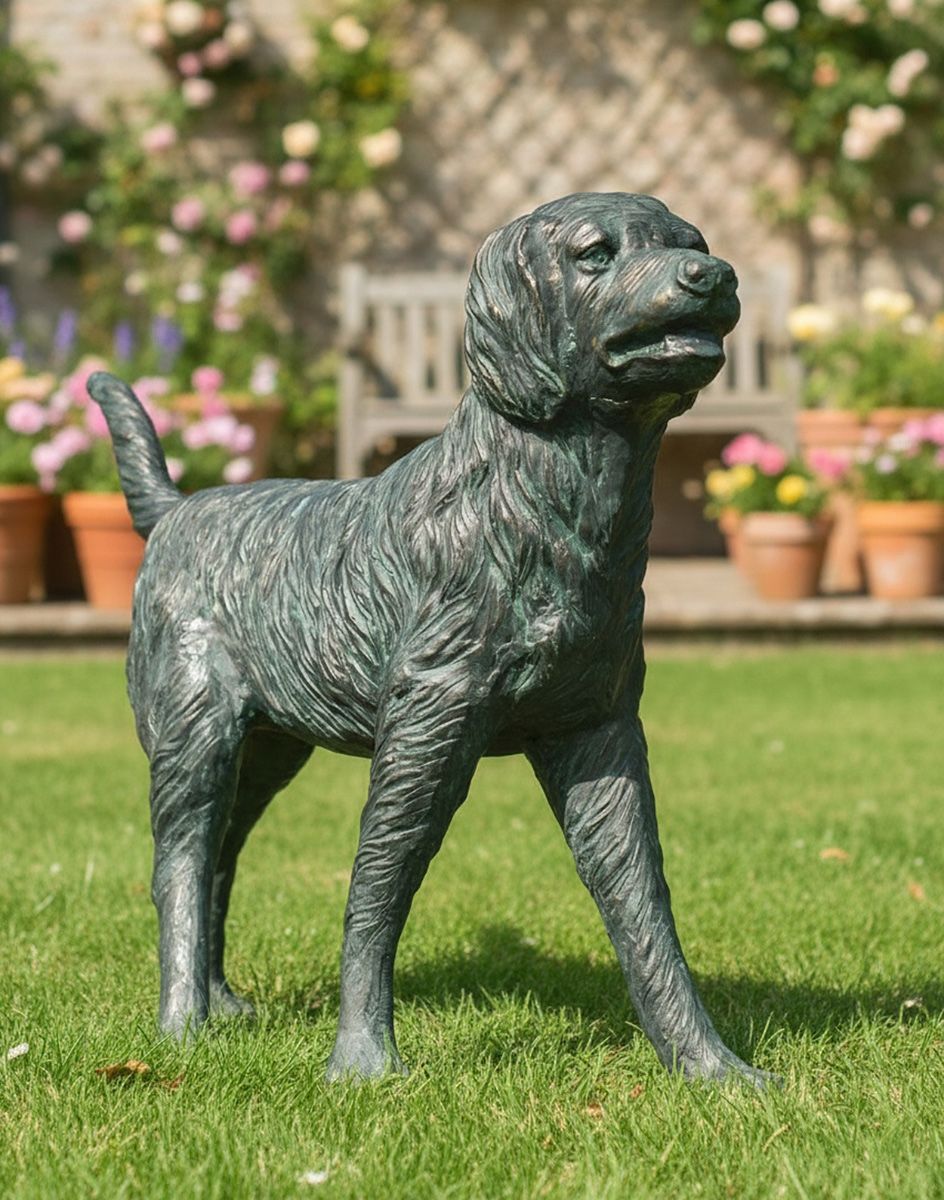 Digital Illustration of "Sunny" the Verdigris Retriever Dog Sculpture on a Garden Lawn