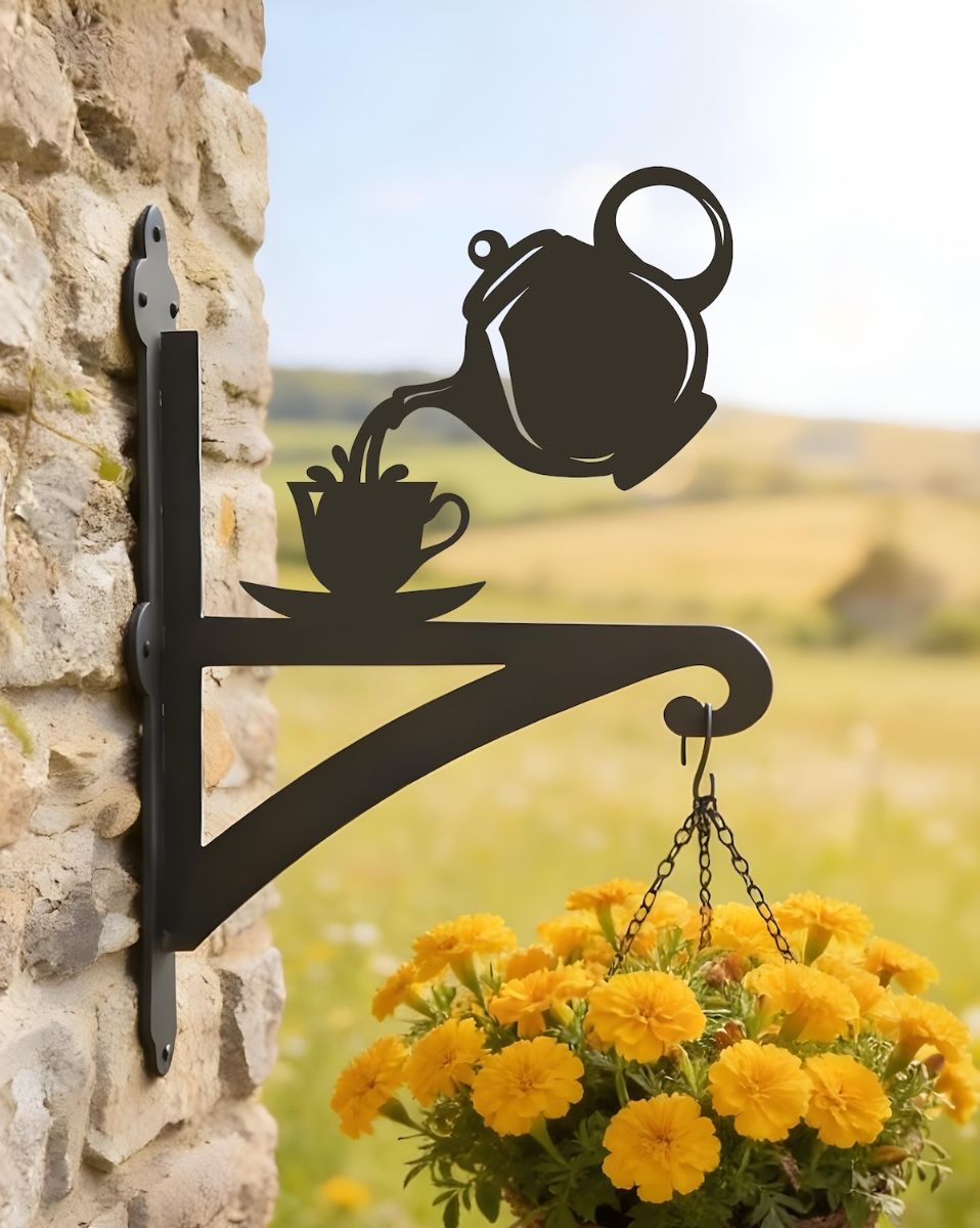 Digital illustration of Teapot & Cup Iron Hanging Basket Bracket mounted on a farm house