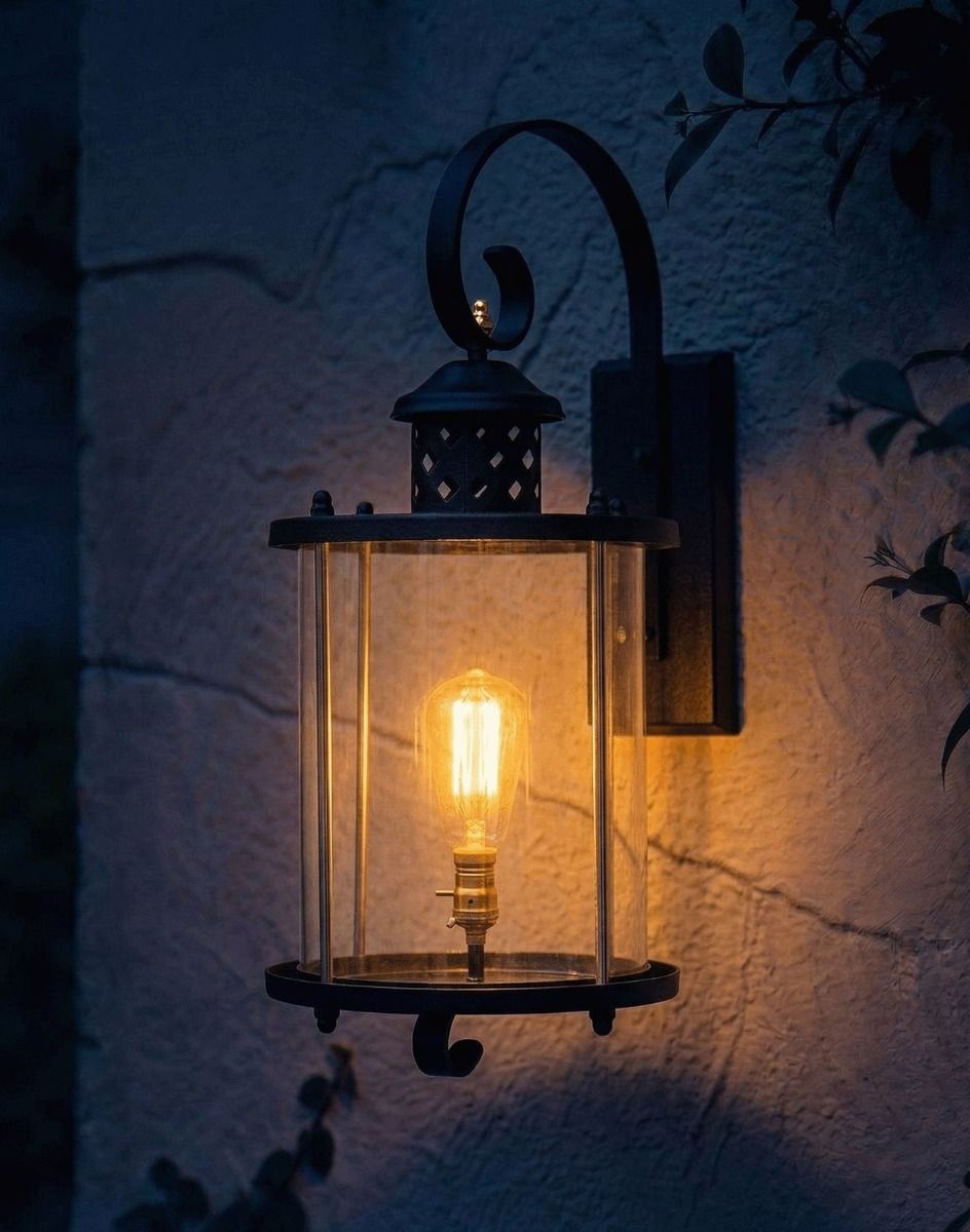 Digital Illustration of the Black Suspended Cylindrical Wall Lantern Lit up at Night