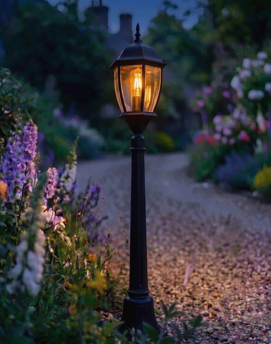 Digital Illustration of the 1.22m "Saltburn" Traditional Hexagonal Garden Pillar Light Positioned on a Flowery Gravel Driveway Entrance Whilst Lit up at Night