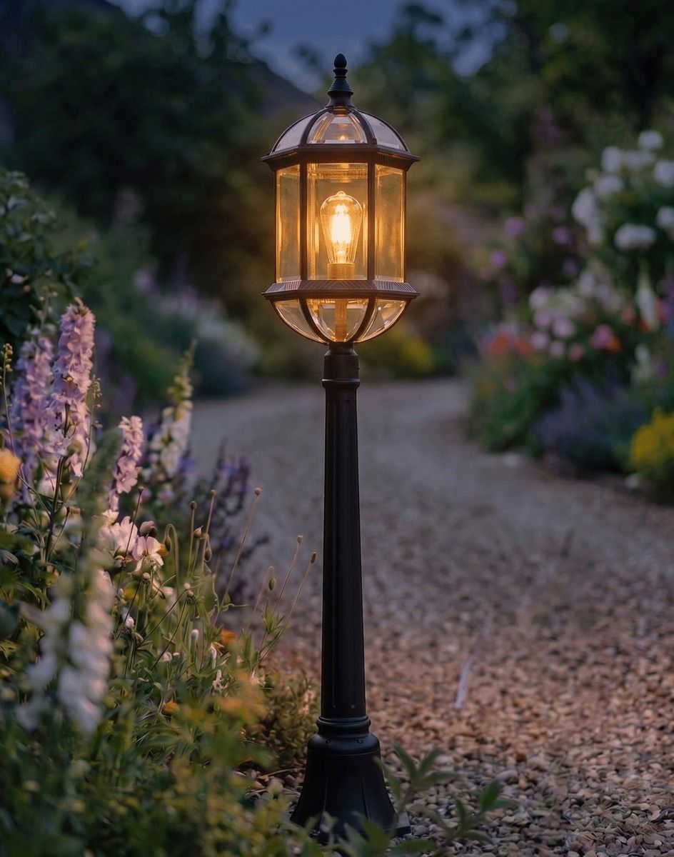 Digital Illustration of the 1.25m "Hemingway" Traditional Birdcage Pillar Light Positioned on a Flowery Gravel Driveway Entrance and Lit up at Night