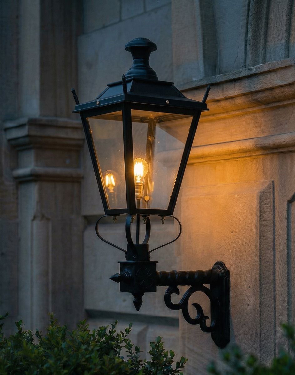 Digital Illustration of the 102 x 54cm Black Dorchester Wall Lantern on a Royale Bracket Lit up at Night