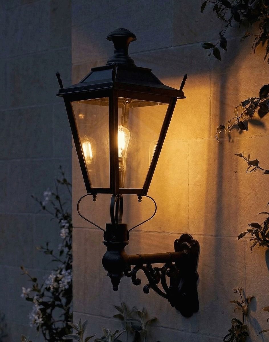 Digital Illustration of the 102 x 54cm Black Dorchester Wall Lantern on an Ornate Bracket Lit up at Night
