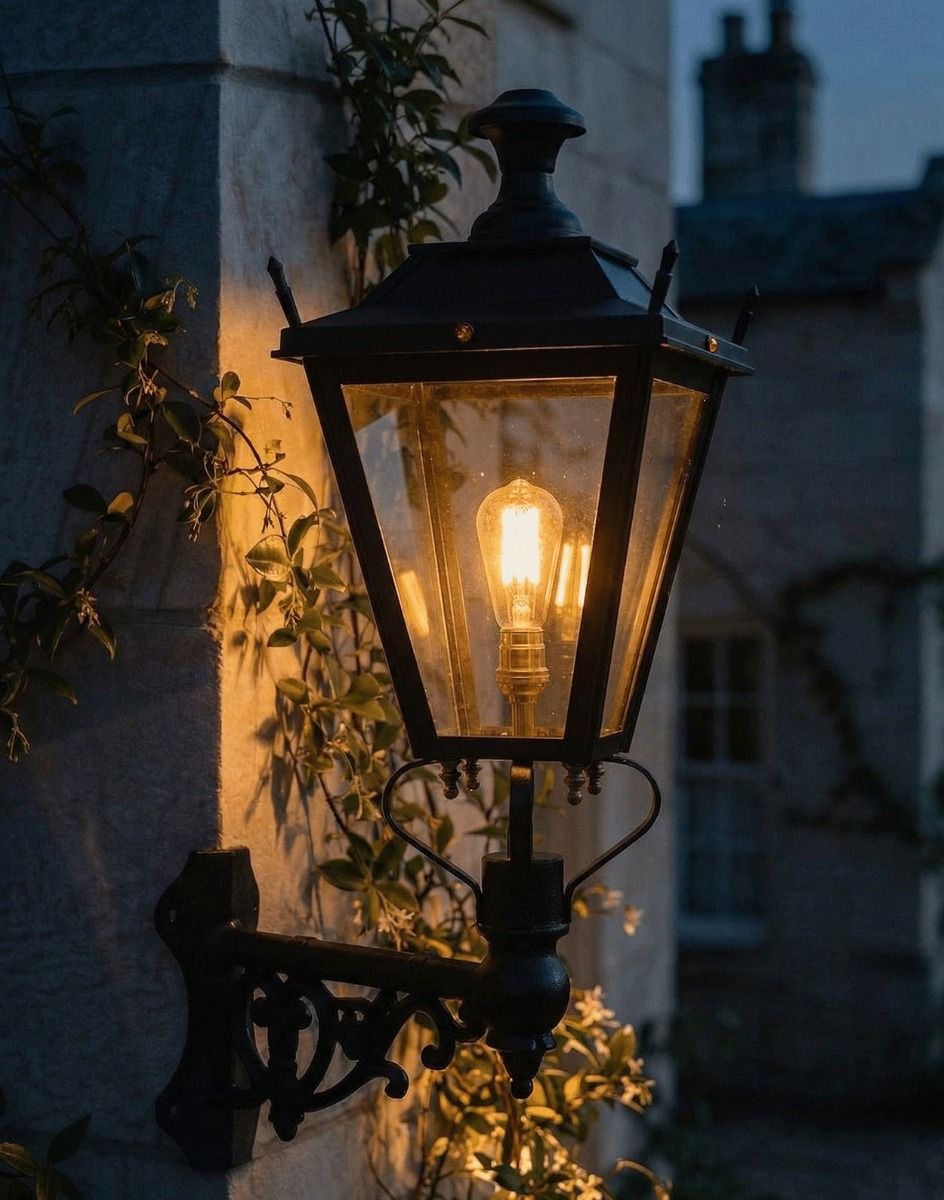 Digital Illustration of the 102 x 54cm Black Dorchester Wall Lantern on Corner Bracket Lit up at Night 
