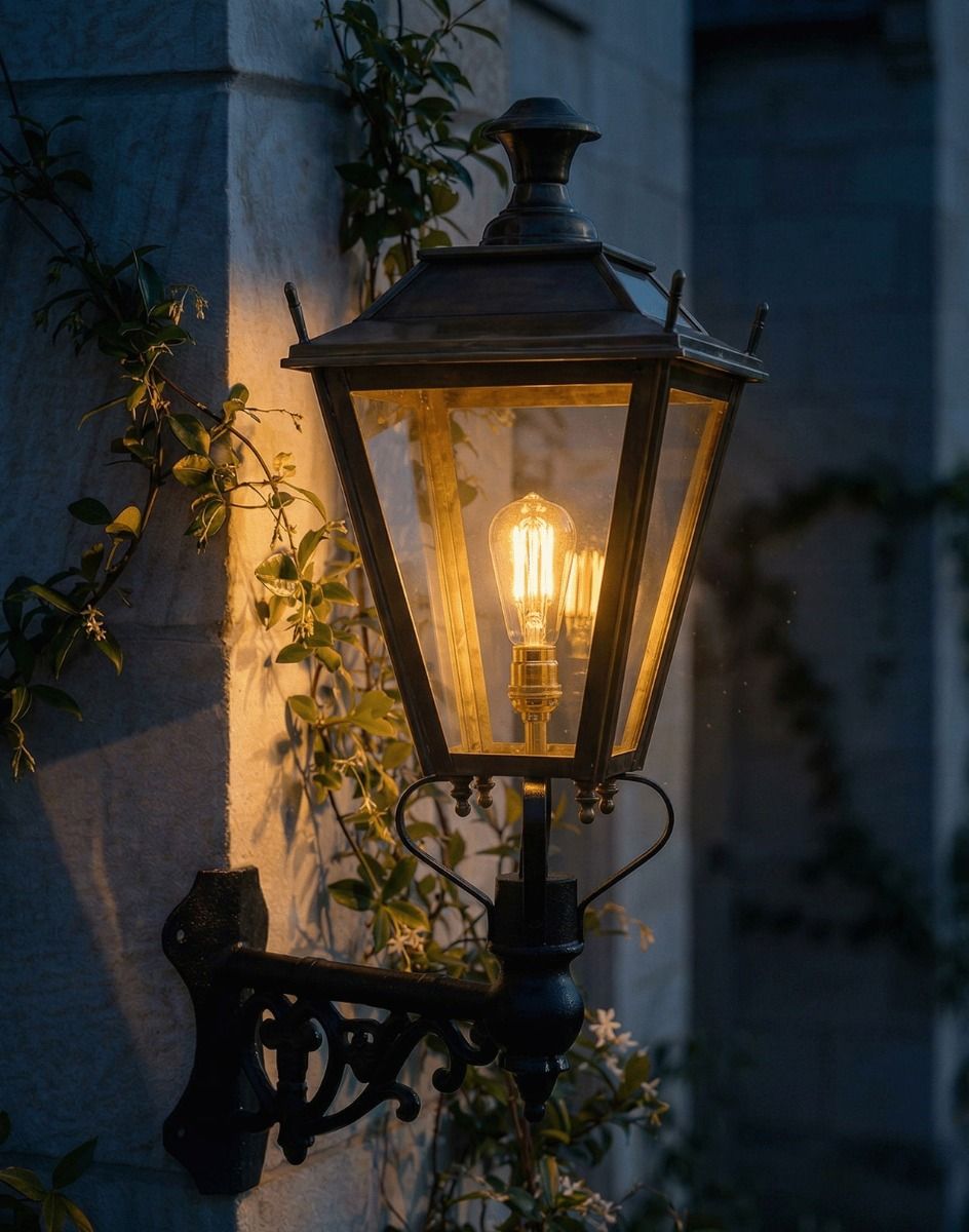 Digital Illustration of the 102 x 54cm Brass Dorchester Wall Lantern on Corner Bracket Lit up at Night 