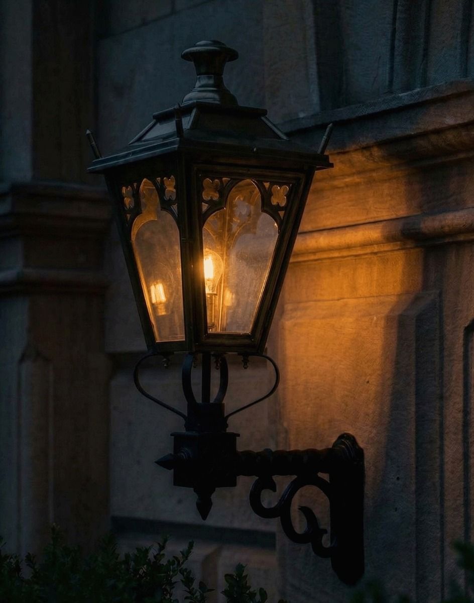 Digital Illustration of the 102 x 54cm Brass Gothic Wall Lantern on Royale Bracket Lit up at Night 