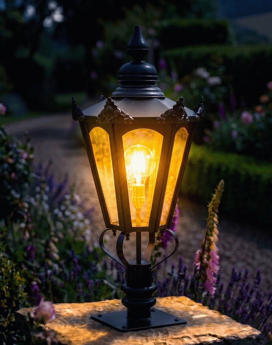 Digital Illustration of the 102cm Black Hexagonal Pillar Light and Lantern Set Mounted on a Stone Garden Pillar Whilst Lit up at Night