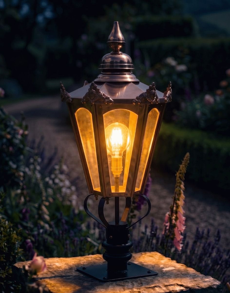 Digital Illustration of the 102cm Copper Hexagonal Pillar Light and Lantern Set Mounted on a Rustic Stone Garden Pillar Whilst Lit up at Night
