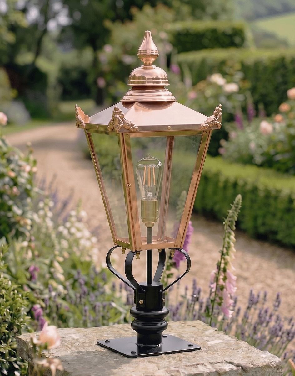 Digital Illustration of the 102cm Copper Victorian Pillar Light and Lantern Set Mounted on a Stone Garden Wall Pillar