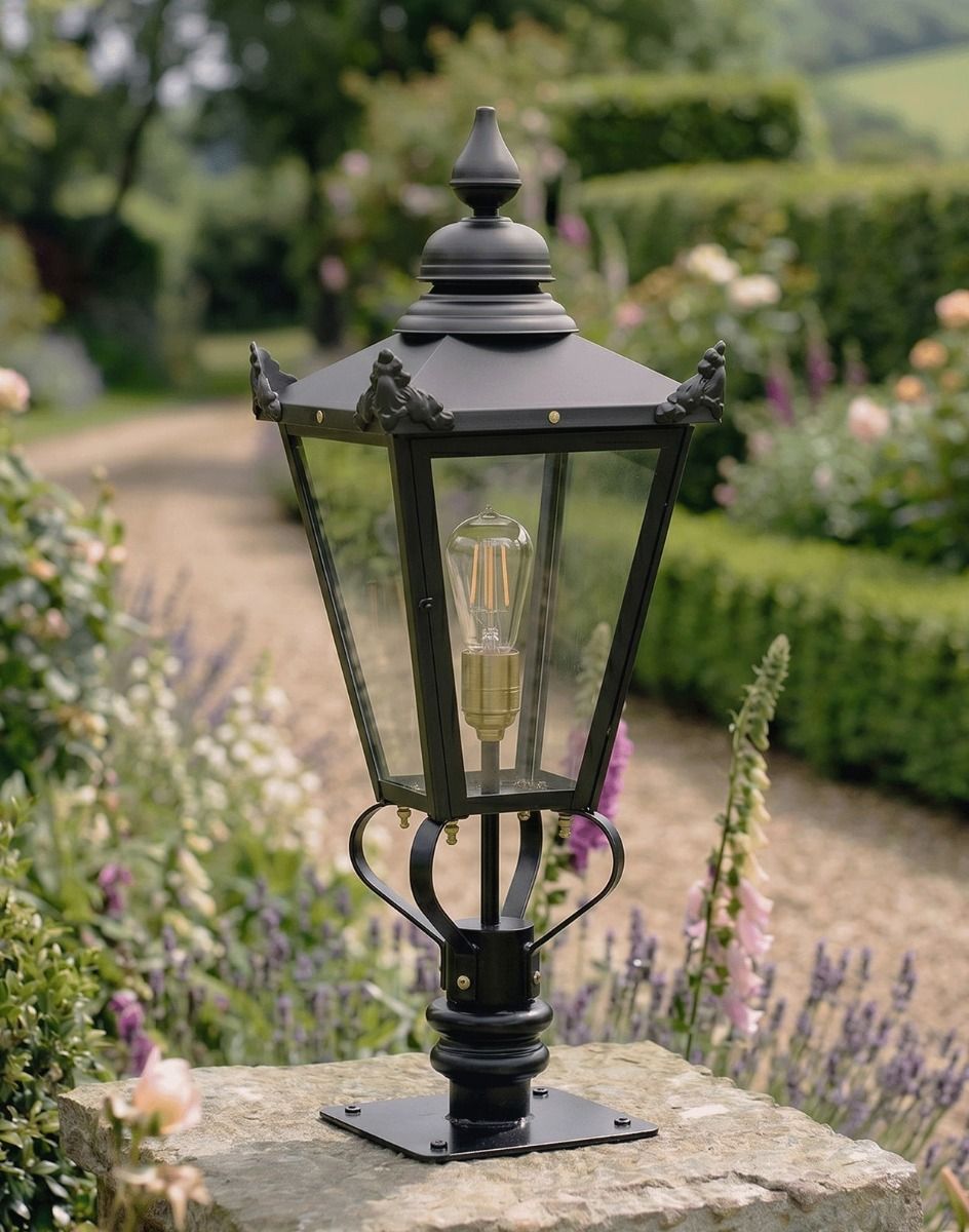 Digital Illustration of the 102cm Victorian Pillar Light and Lantern Set Mounted on a Stone Garden Pillar