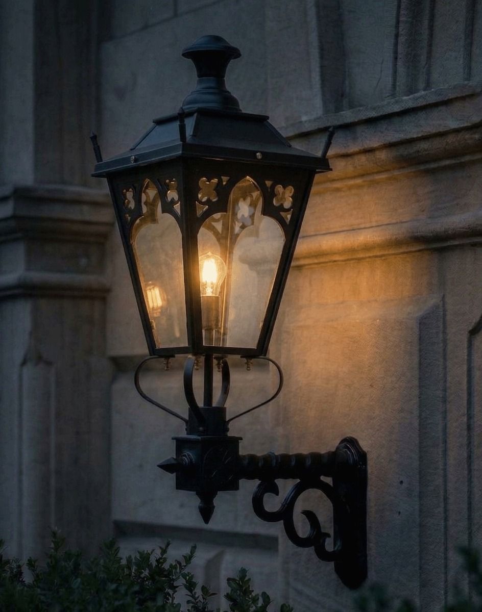 Digital Illustration of the 102cm x 54cm Black Gothic Wall Lantern on a Royale Bracket Lit up at Night