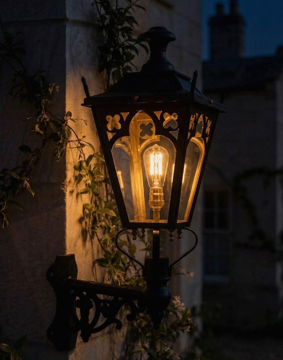 Digital Illustration of the 102cm x 54cm Black Gothic Wall Lantern on Corner Bracket Lit up at Night 