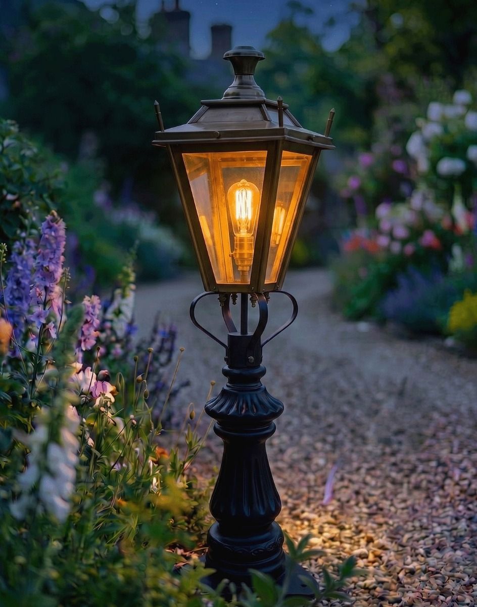 Digital Illustration of the 103cm Antique Brass Dorchester Fluted Patio & Driveway Light Positioned on a Flowery Gravel Driveway Entrance Whilst Lit up at Night