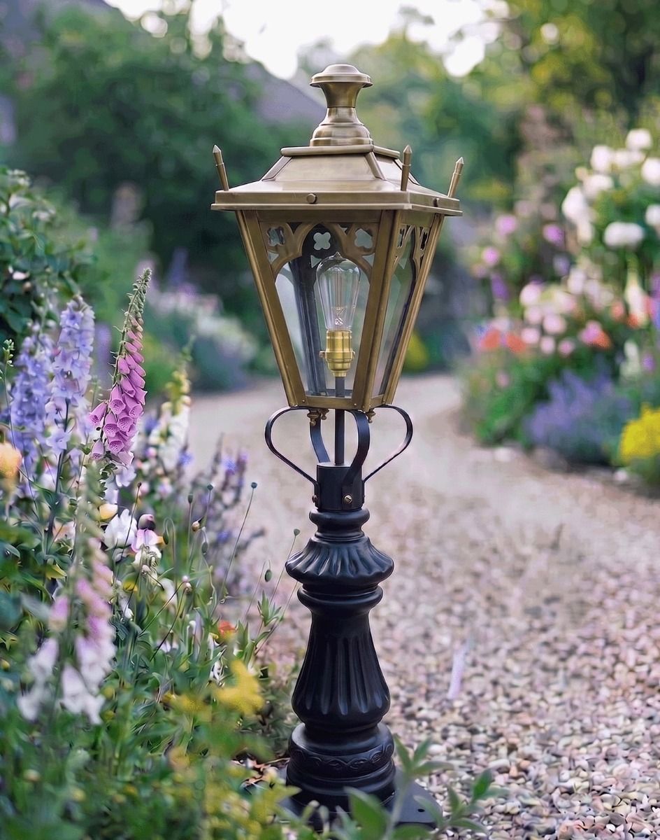 Digital Illustration of the 103cm Antique Brass Gothic Fluted Patio & Driveway Light Positioned on a Garden Gravel Entranceway
