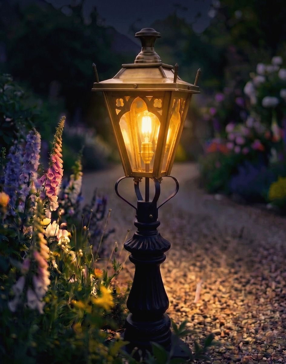 Digital Illustration of the 103cm Antique Brass Gothic Fluted Patio & Driveway Light Positioned on a Garden Gravel Entranceway Lit up at Night