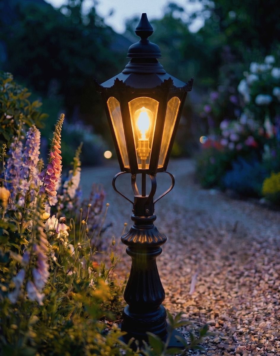 Digital Illustration of the 103cm Black Concordia Fluted Patio & Driveway Light Positioned on a Flowery Garden Drive Entrance Lit up at Night