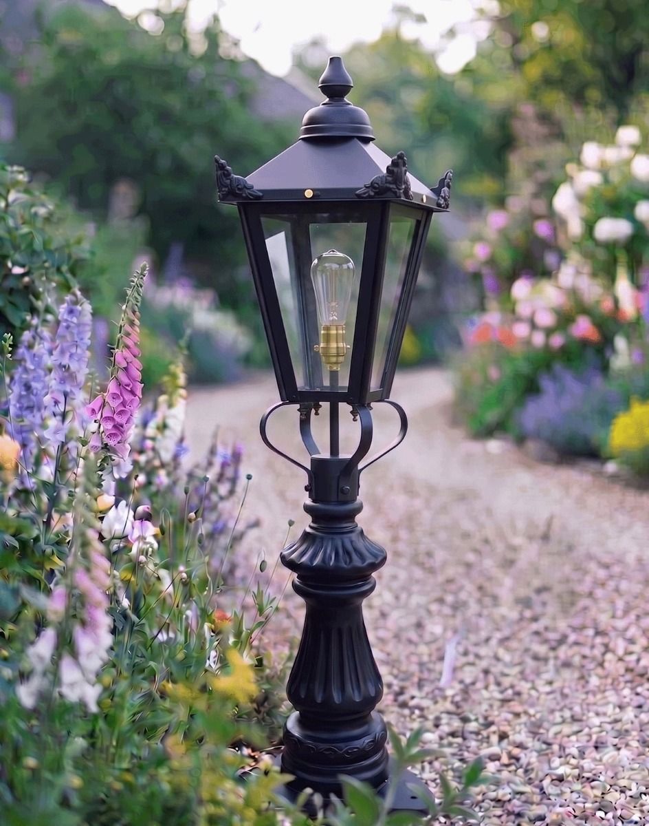 Digital Illustration of the 103cm Black Victorian Fluted Patio & Driveway Light Placed on a Flowery Garden Drive Entrance