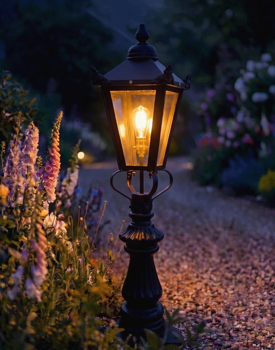 Digital Illustration of the 103cm Black Victorian Fluted Patio & Driveway Light Placed on a Flowery Garden Drive Entrance Lit up at Night