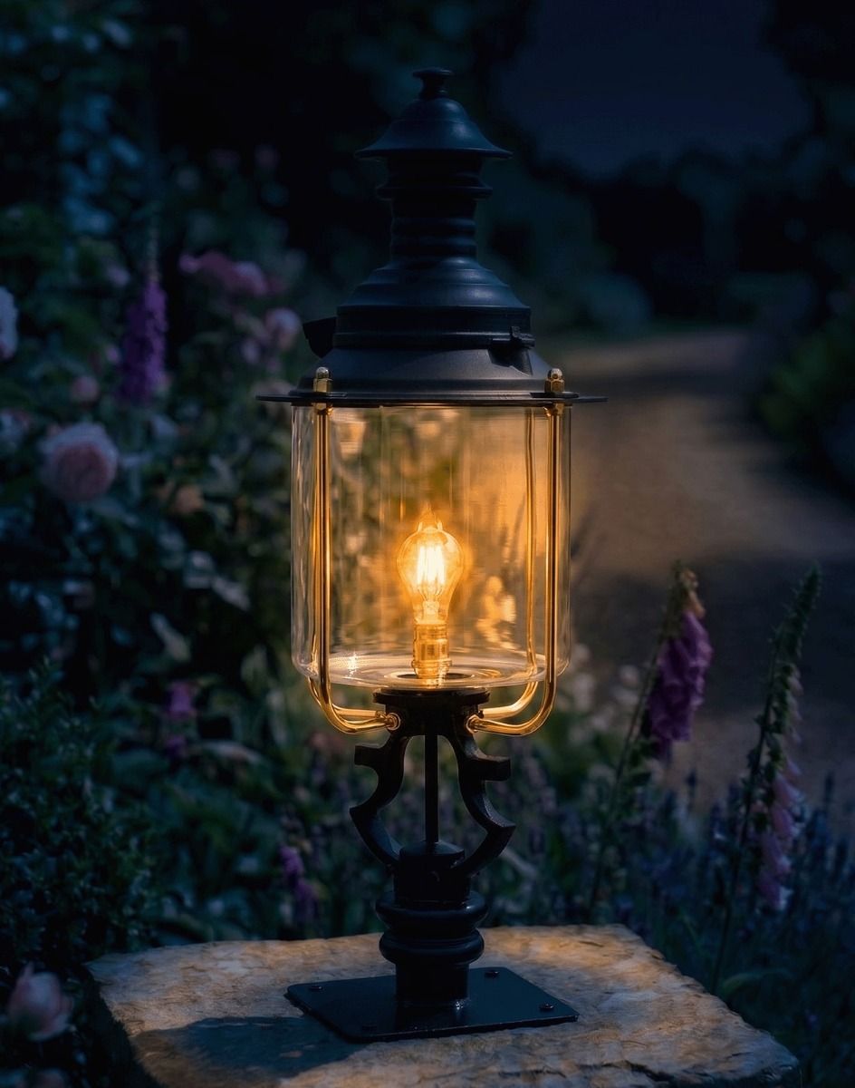 Digital Illustration of the 104cm Belgravia Pillar Light and Lantern Set Mounted on a Stone Garden Pillar and Lit up at Night