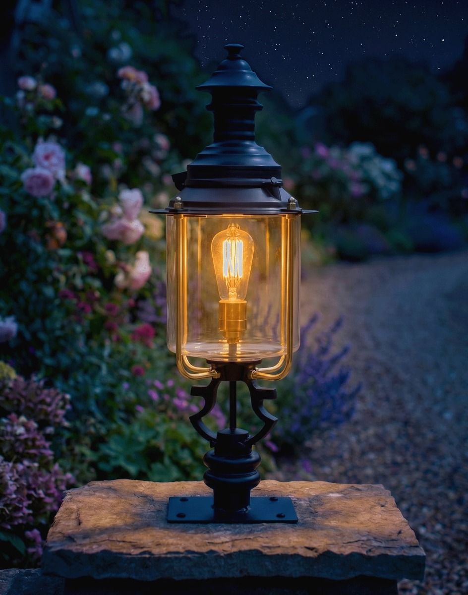 Digital Illustration of the 104cm Belgravia Pillar Light and Lantern Set Mounted on a Stone Garden Pillar Viewed Face on and Lit up at Night