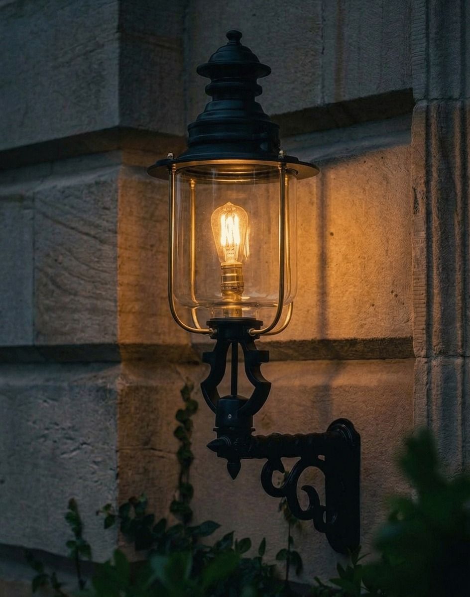 Digital Illustration of the 105 x 33cm Belgravia Lantern and Royale Bracket Lit up at Night