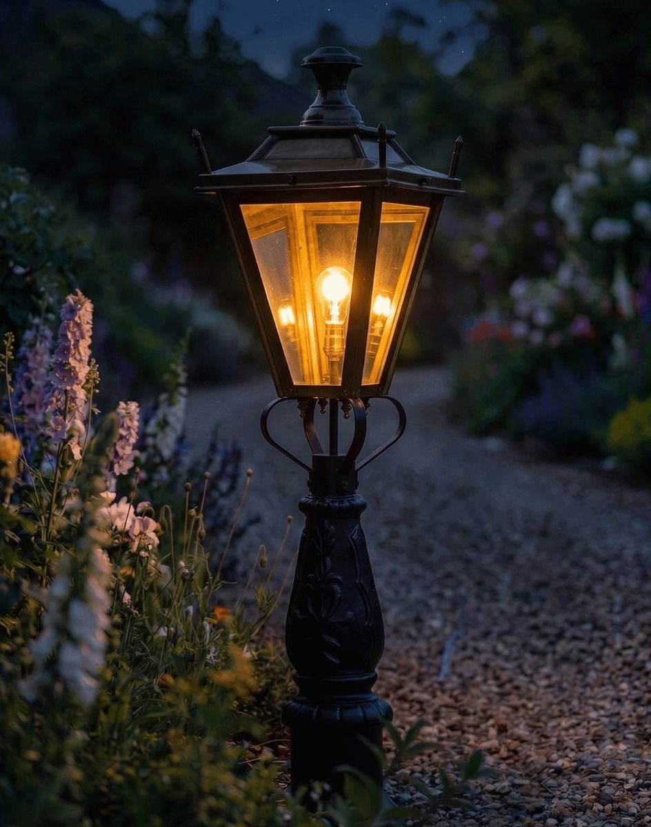 Digital Illustration of the 105cm Antique Brass Dorchester Driveway Light Positionel on a Flowery Gravel Entrance Whilst Lit up at Night