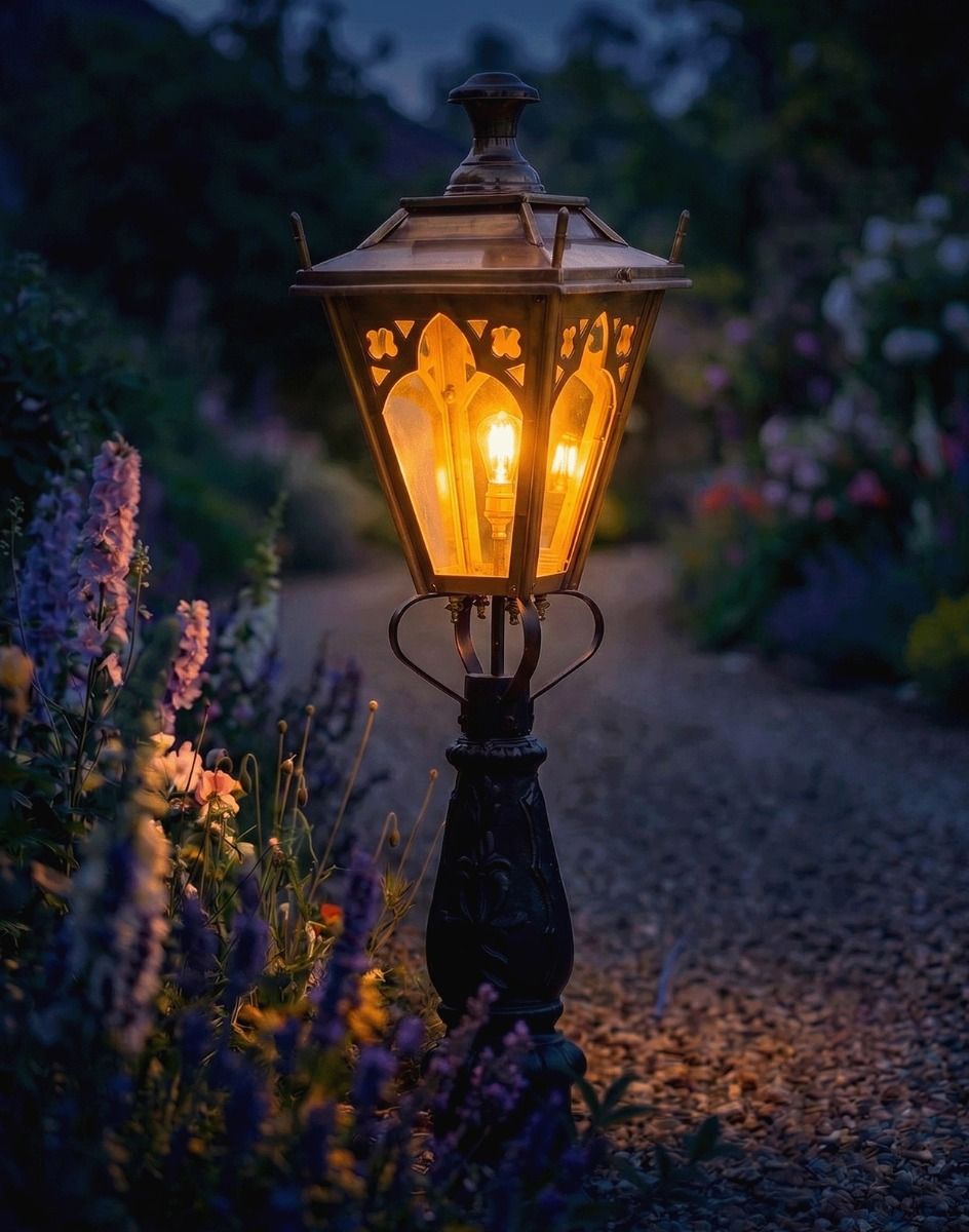 Digital Illustration of the 105cm Antique Brass Gothic Design Driveway and Patio Lighting Placed Next to a Flowery Gravel Entrance and Lit up at Night