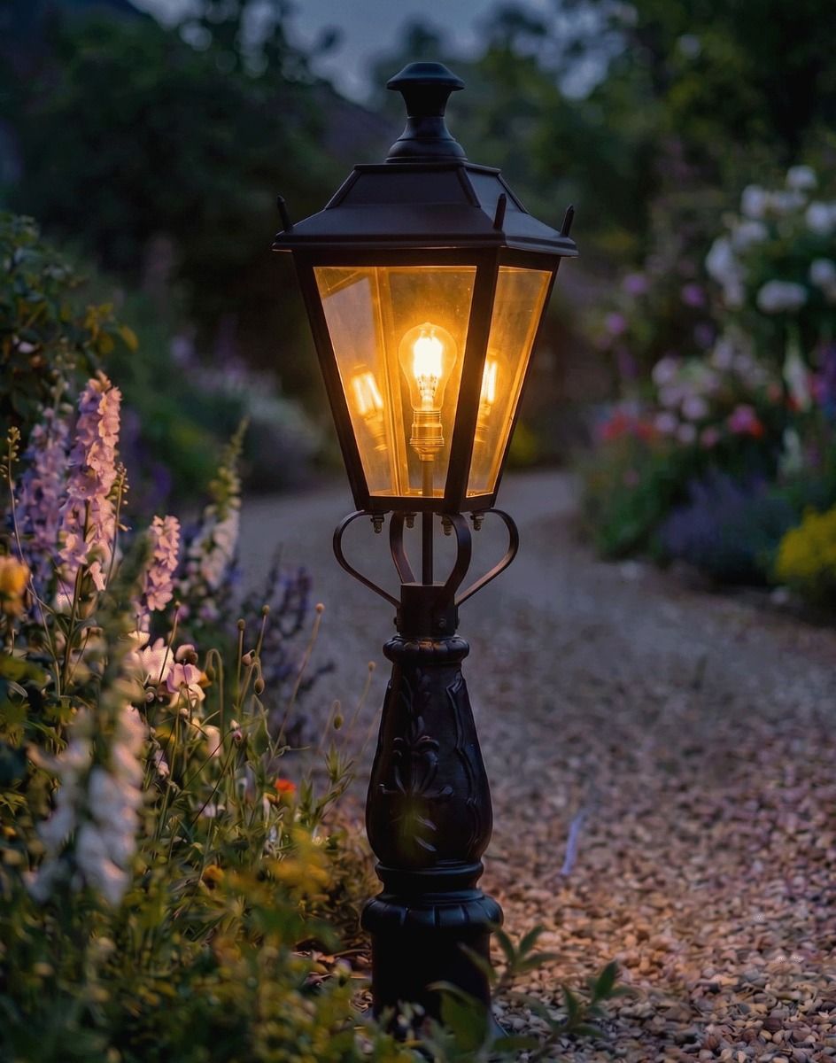 Digital Illustration of the 105cm Black Dorchester Driveway Light Placed on a Flowery Gravel Entranceway and Lit up at Night