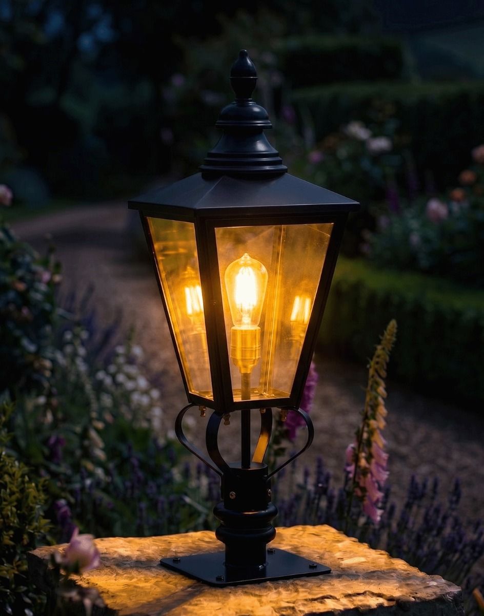 Digital Illustration of the 105cm Black Rochester Entrance Pillar Light Mounted on a Stone Garden Pillar Whilst Lit up at Night