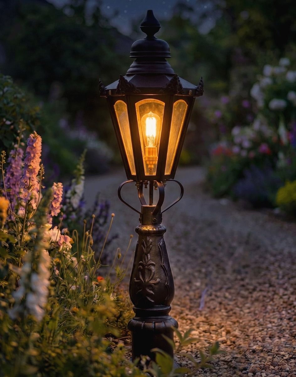 Digital Illustration of the 105cm Concordia Patio Garden Balustrade or Driveway Lighting Placed on a Flowery Gravel Driveway and Lit up at Night