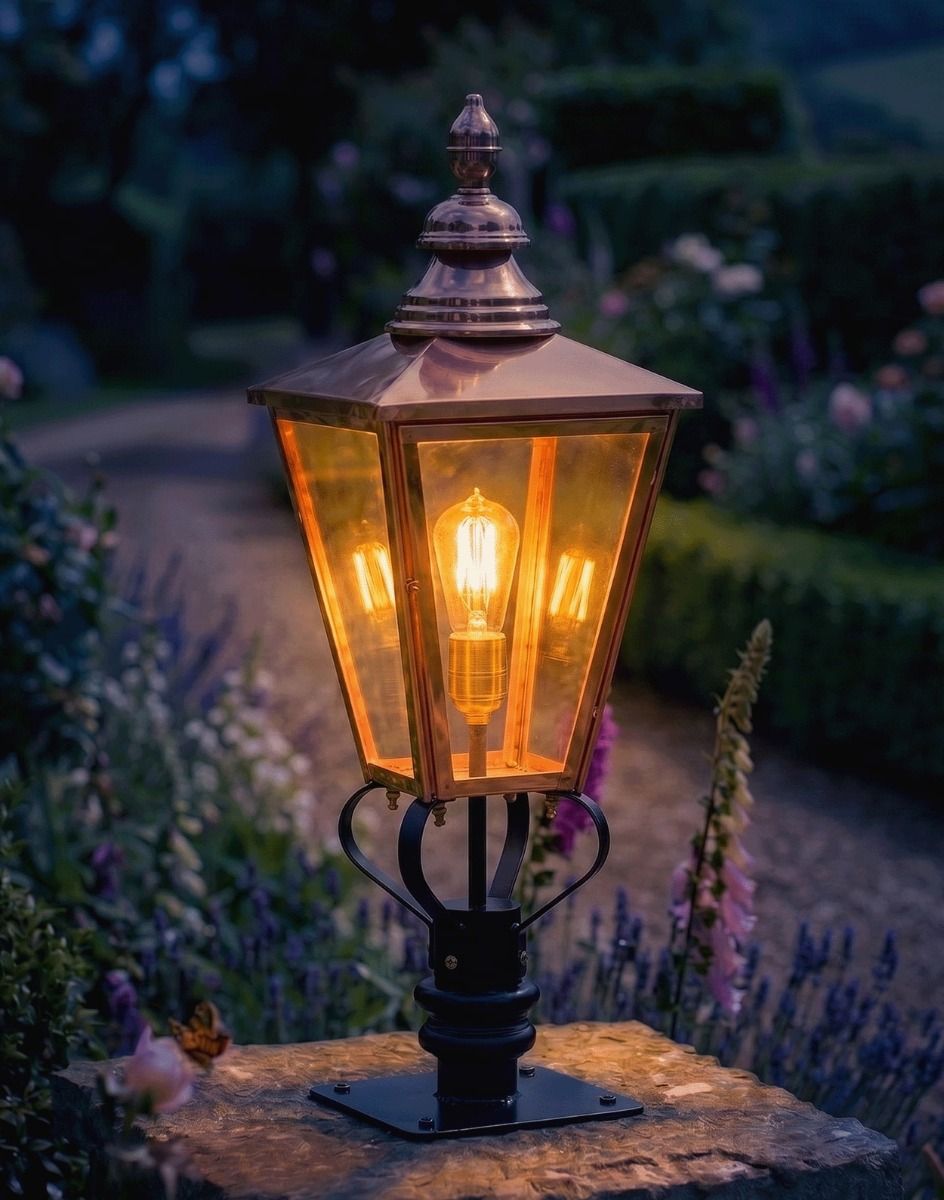 Digital Illustration of the 105cm Copper Rochester Entrance Pillar Light Mounted on a Stone Garden Wall Pillar Whilst Lit up at Night