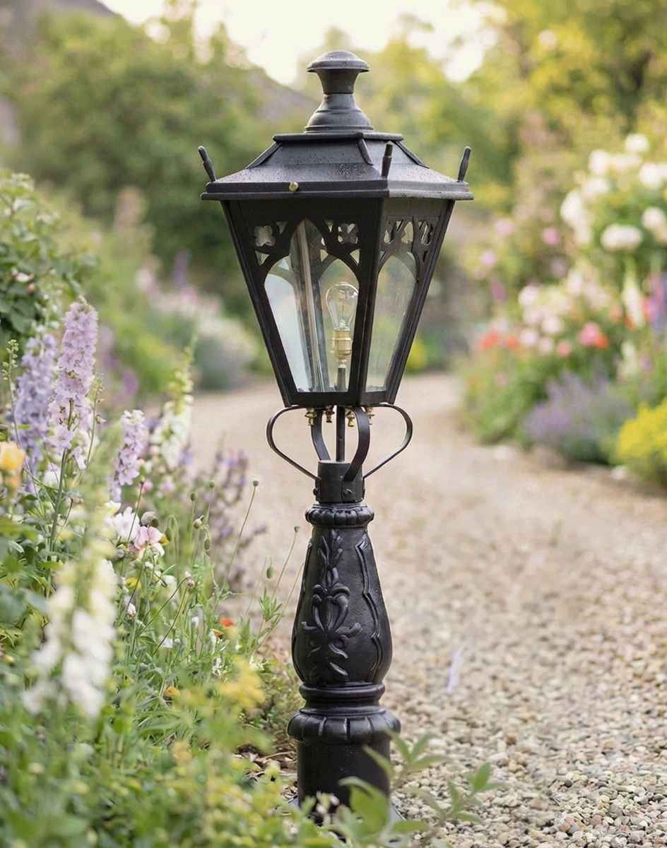 Digital Illustration of the 105cm “Gothic Design” Driveway and Patio Lighting Placed on a Flowery Gravel Driveway
