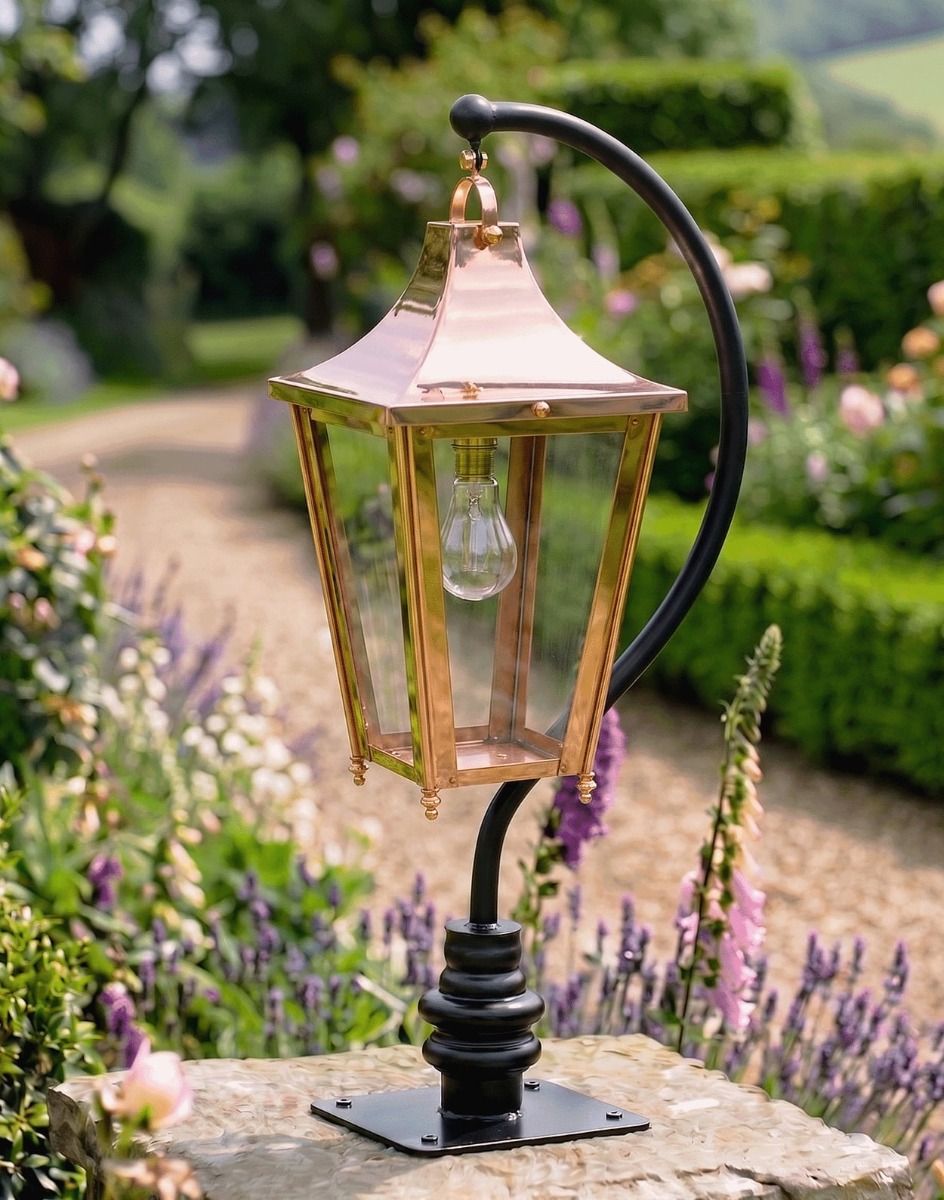 Digital Illustration of the 106cm Copper Swan Neck Pillar & Lantern Mounted on a Stone Garden Wall Pillar