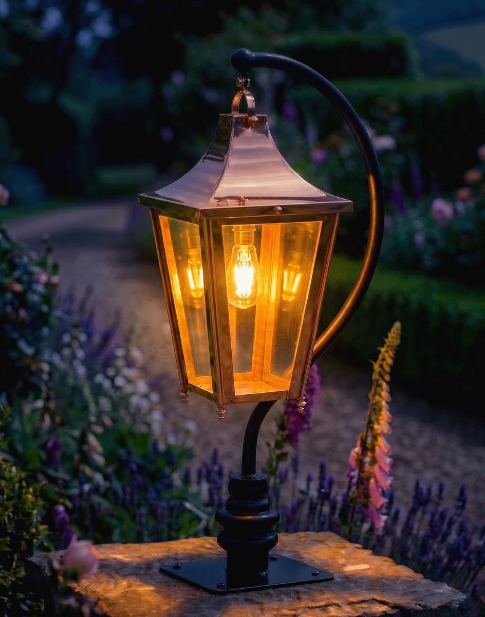 Digital Illustration of the 106cm Copper Swan Neck Pillar & Lantern Mounted on a Stone Garden Wall Pillar and Lit up at Night