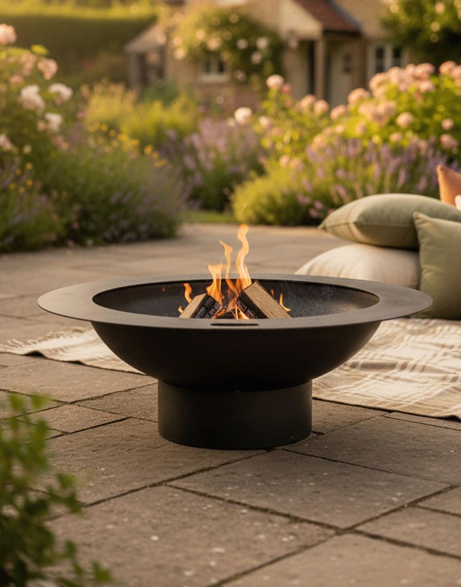 Digital Illustration of the 110cm Curved Steel Bowl Fire Pit Placed on a Sunny Garden Patio Whilst Lit