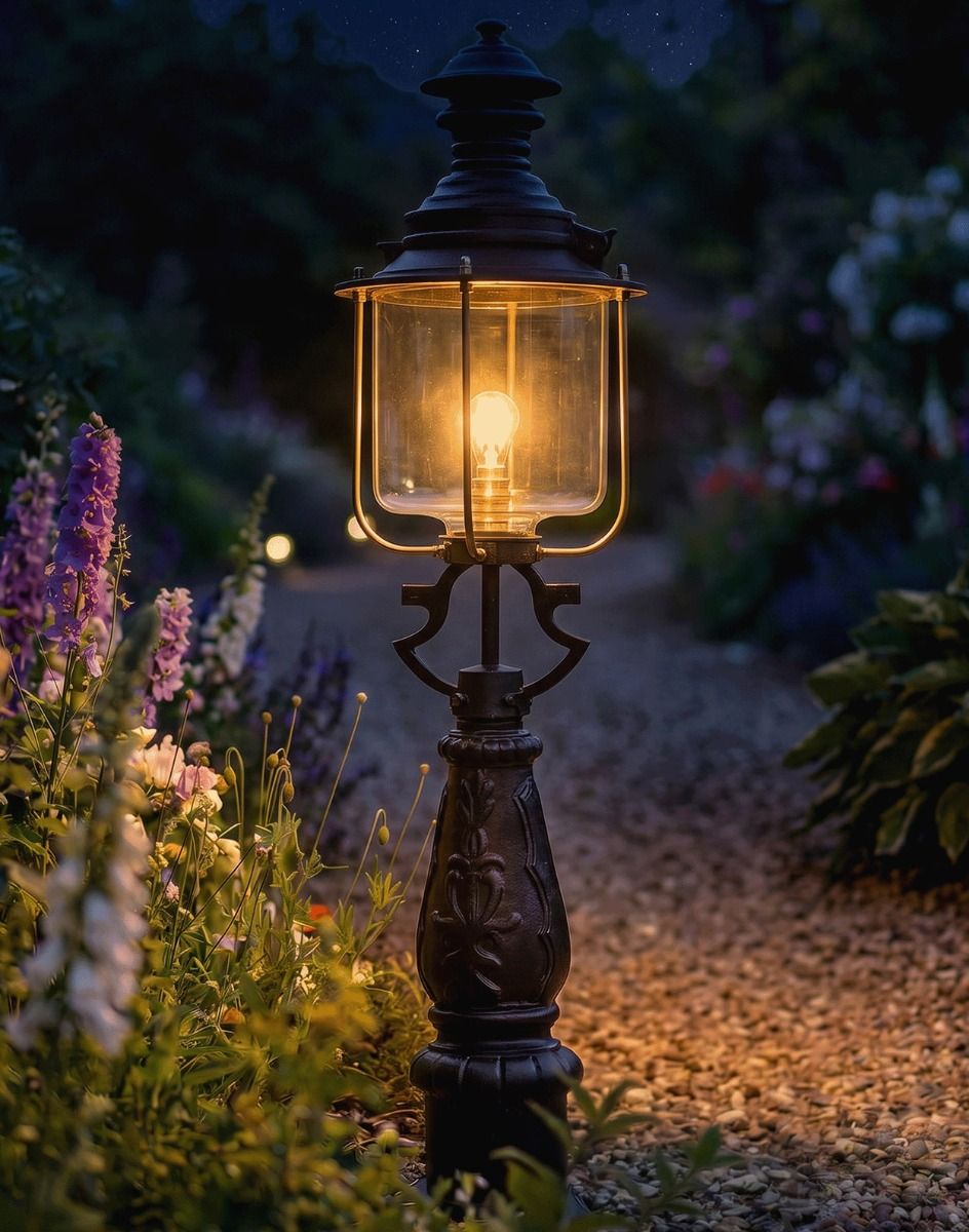 Digital Illustration of the 112cm Belgravia Driveway Light Positioned on a Flowery Gravel Entranceway Whilst Lit up at Night 