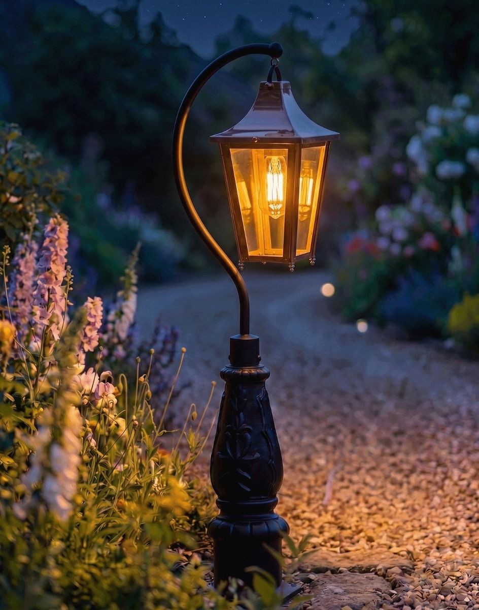 Digital Illustration of the 112cm Copper “Lincoln” Swan Neck Lantern & Lamp Post Positioned on a Flowery Gravel Driveway Entrance Whilst Lit up at Night