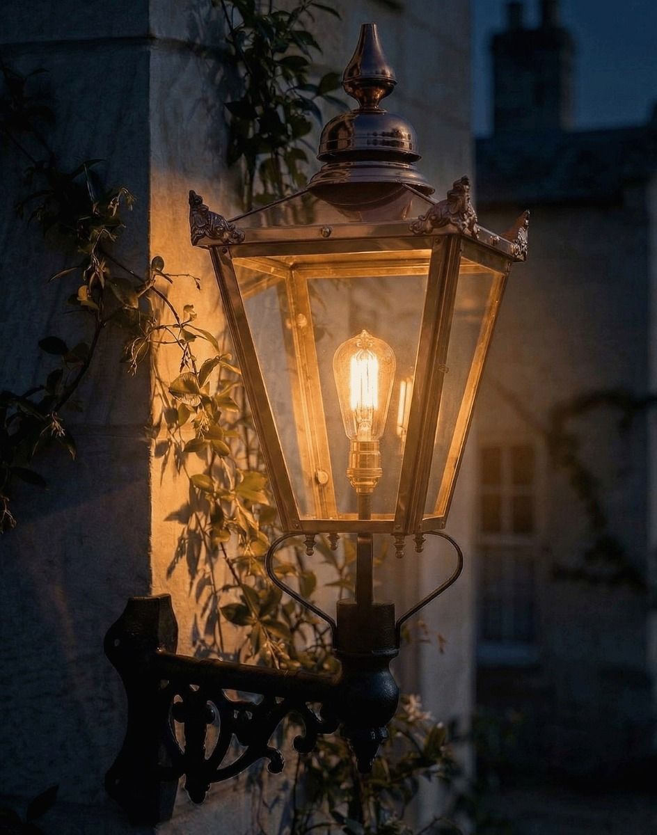 Digital Illustration of the 115 x 51cm Copper Wall Lantern on Corner Bracket Lit up at Night