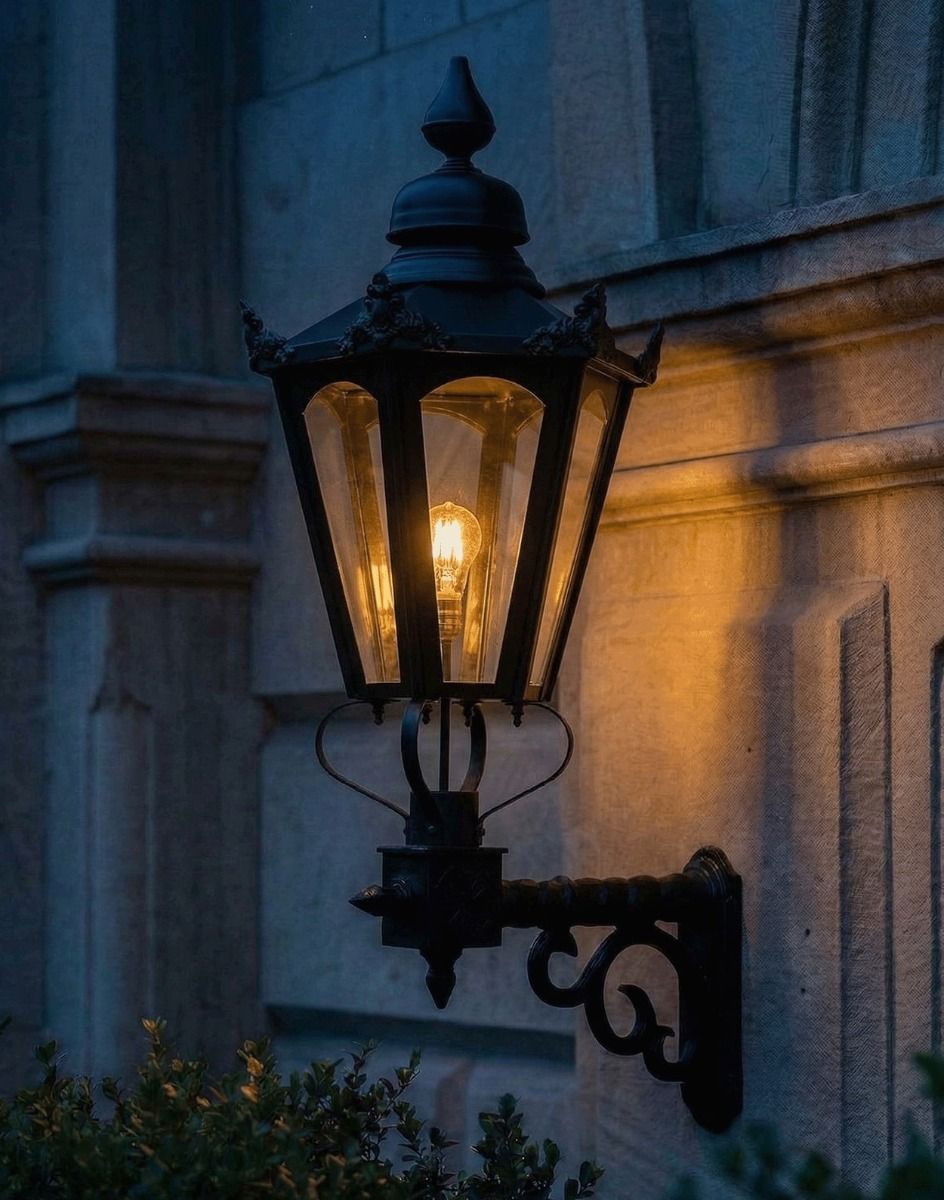 Digital Illustration of the 115 x 53cm Black Concordia Hexagonal Lantern on a Royale Bracket Lit up at Night