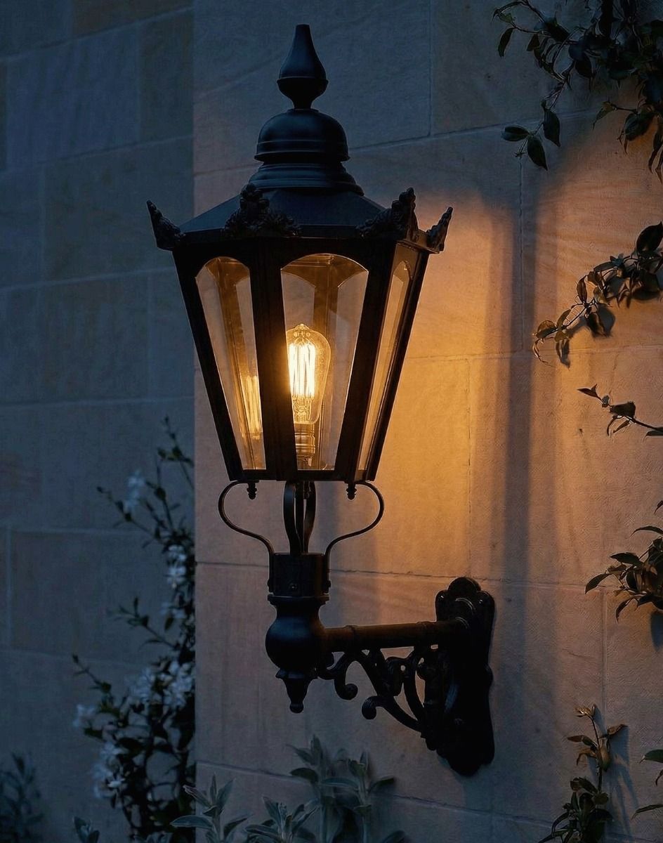 Digital Illustration of the 115 x 53cm Black Hexagonal Wall Lantern on Ornate Bracket Lit up at Night