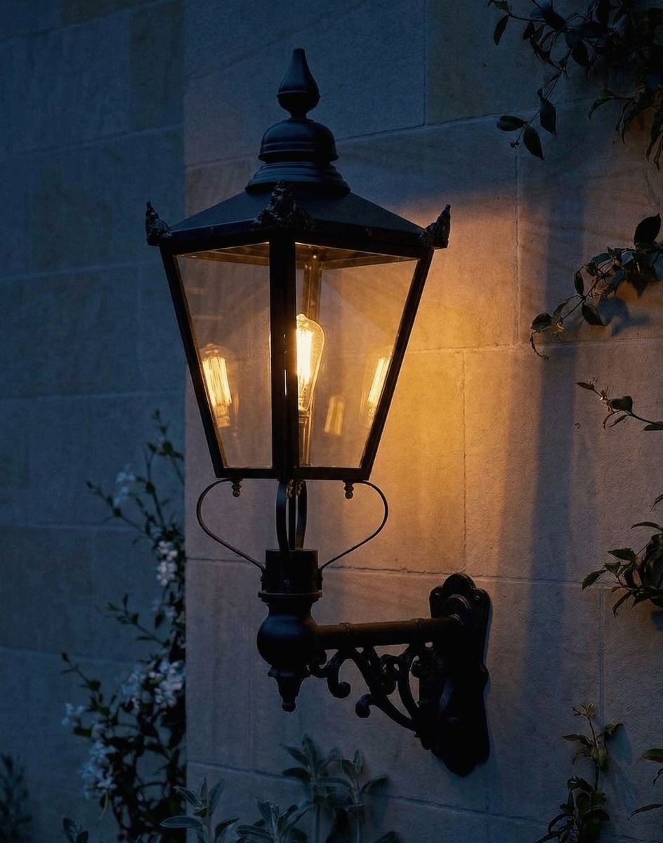 Digital Illustration of the 115 x 65cm Victorian Wall Lantern on an Ornate Bracket Lit up at Night