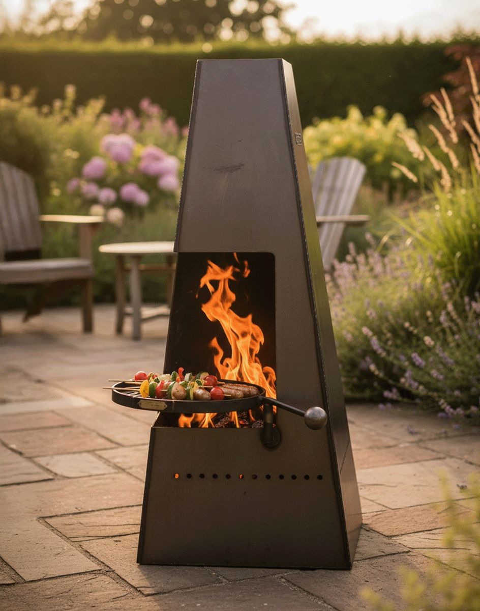Digital Illustration of the 120cm Chimenea With Swing Arm Grill Shown in a Sunny Lavendar Garden on a Patio